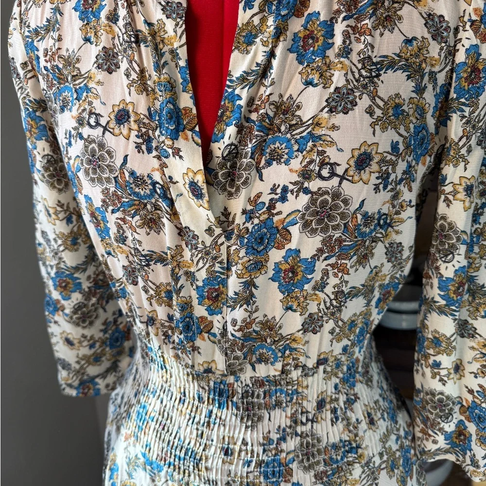 Desigual Blue and Cream Floral Smocked Waist Boho Dress Size S - Picture 3 of 11